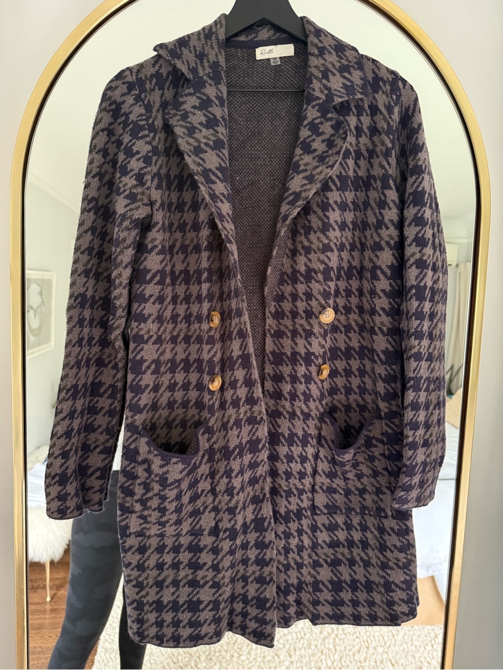 Double-Breasted Houndstooth Pea Coat - Navy and Taupe